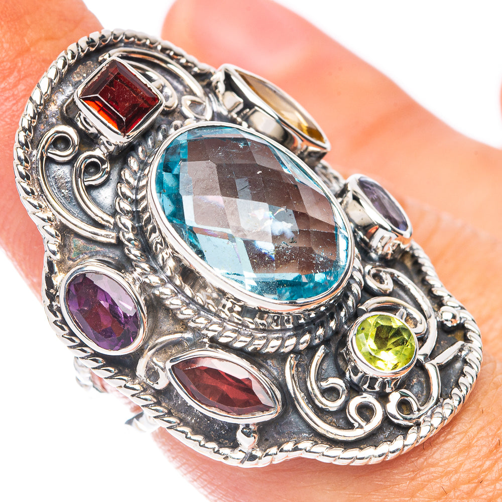 Signature Blue Topaz, Garnet, Peridot Ring Size 6.5 (925 Sterling Silver) R7591