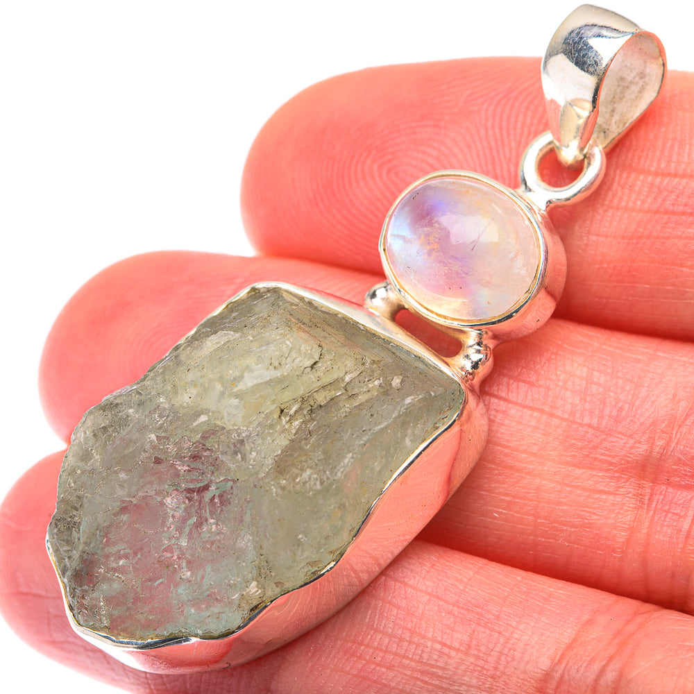 Raw Aquamarine, Rainbow Moonstone Pendant 1 7/8" (925 Sterling Silver) PD38476