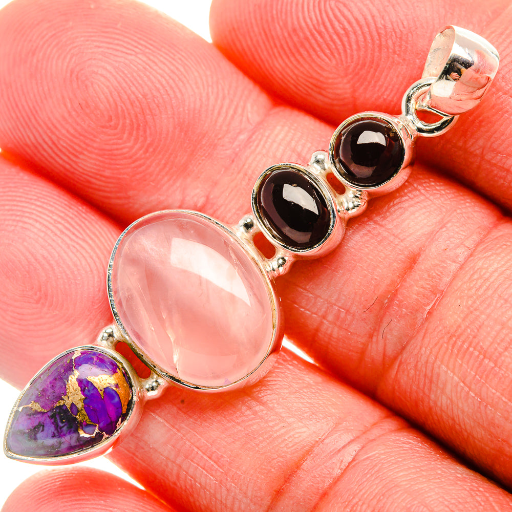 Rose Quartz, Purple Copper Composite Turquoise, Garnet Pendant 2 1/4" (925 Sterling Silver) PD38012