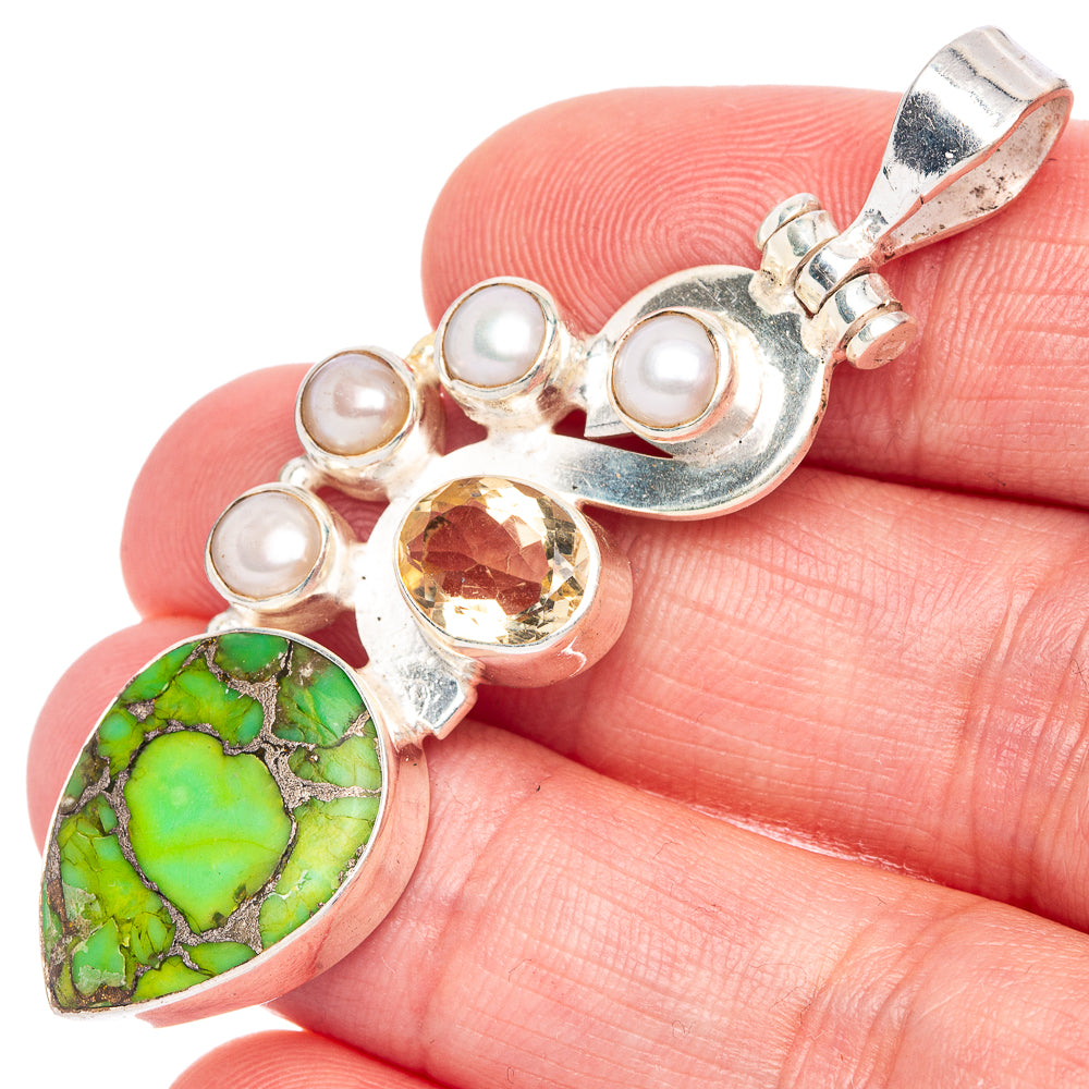 Green Copper Composite Turquoise, Citrine, Cultured Pearl Pendant 2 1/4" (925 Sterling Silver) P40028