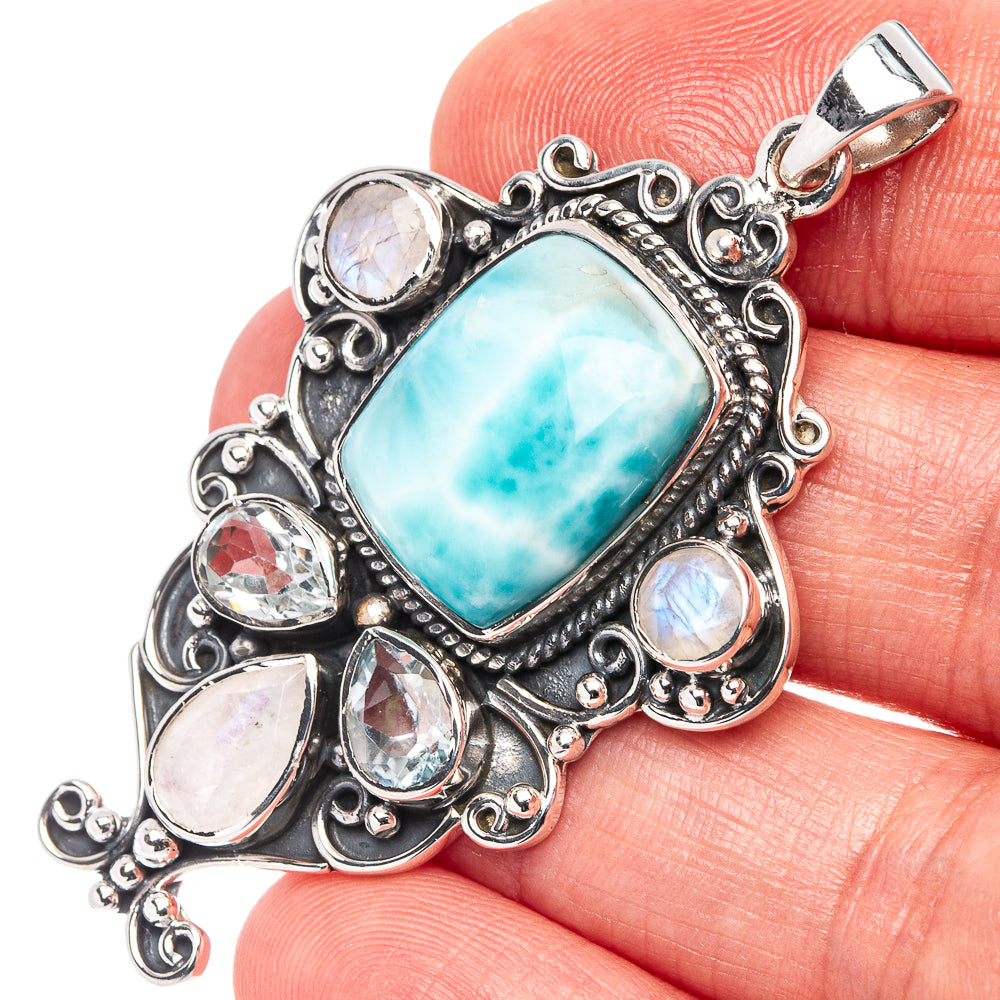 Signature Larimar, Rainbow Moonstone, Aquamarine Pendant 2 1/8" (.925 Sterling Silver)