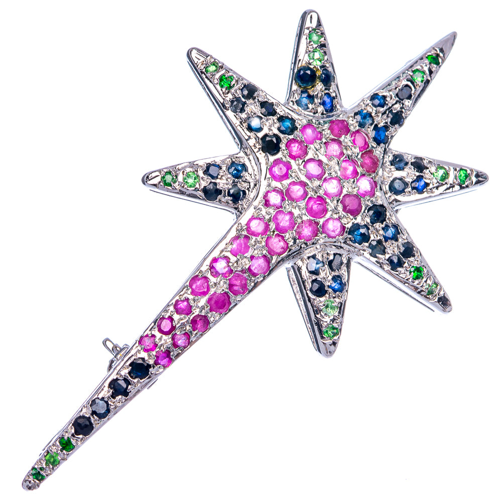 Ruby, Sapphire, Emerald Star 925 Sterling Silver Silver Brooch P 2 1/8" (925 Sterling Silver) P1001
