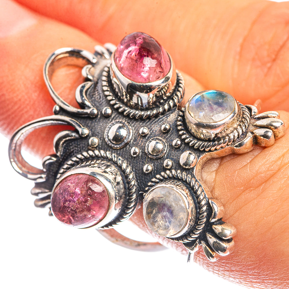 Large Pink Tourmaline, Rainbow Moonstone 925 Sterling Silver Ring Size 6.5