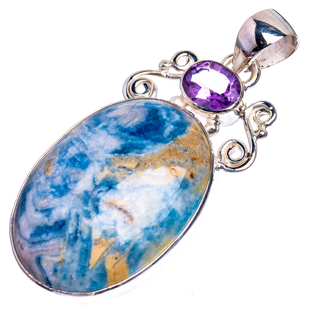 Blue Scheelite, Amethyst 925 Sterling Silver Pendant 1 7/8"