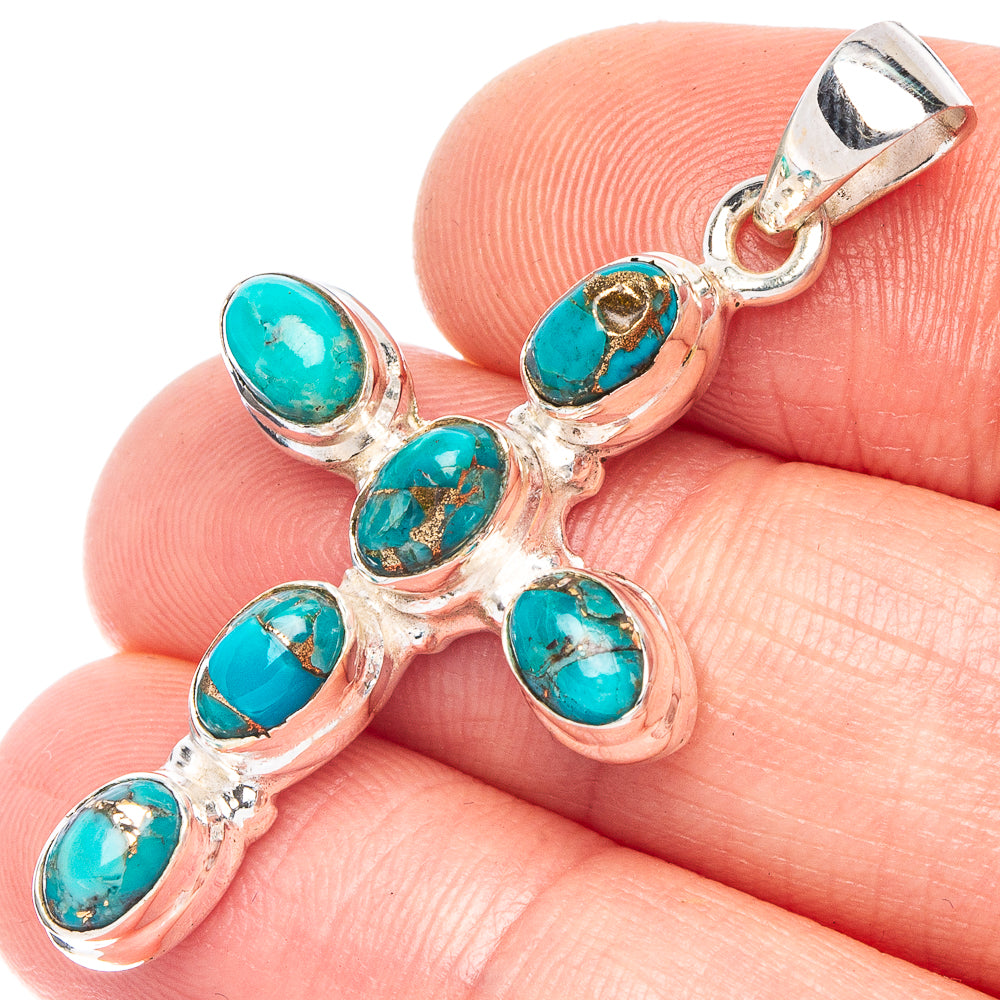 Blue Copper Composite Turquoise Cross Pendant 1 5/8" (925 Sterling Silver) P43965