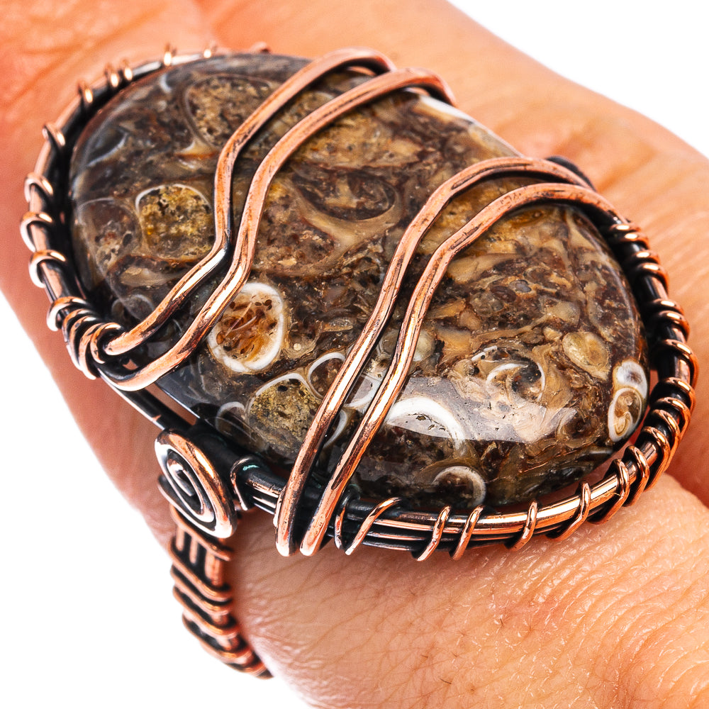 Turritella Agate Wire Wrap Ring Size 8 (Oxidized Copper)