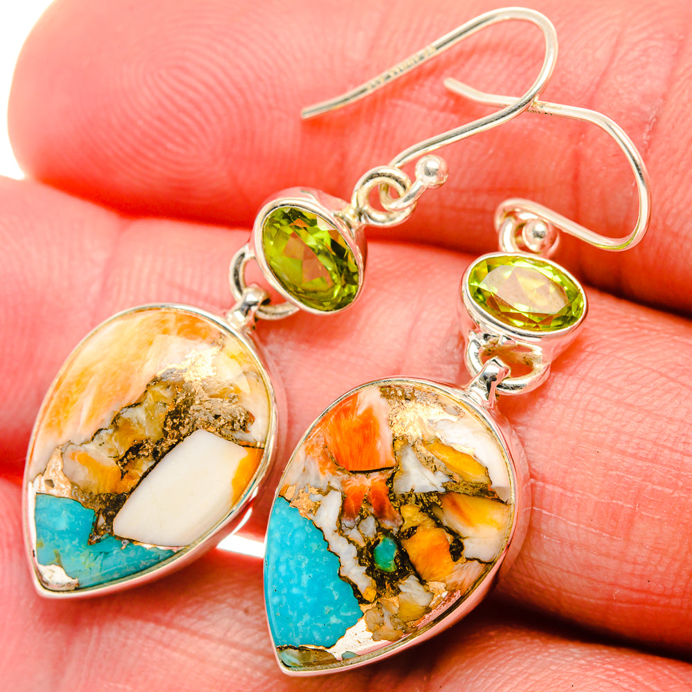 Spiny Oyster Turquoise, Peridot Earrings 1 3/4" (925 Sterling Silver) EARR432030
