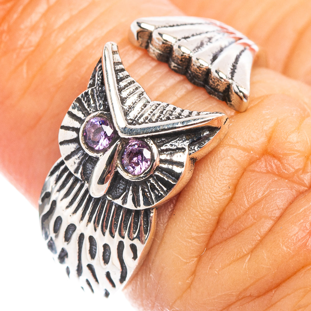 Amethyst Owl Dainty Ring Size 6 Adjustable (.925 Sterling Silver)