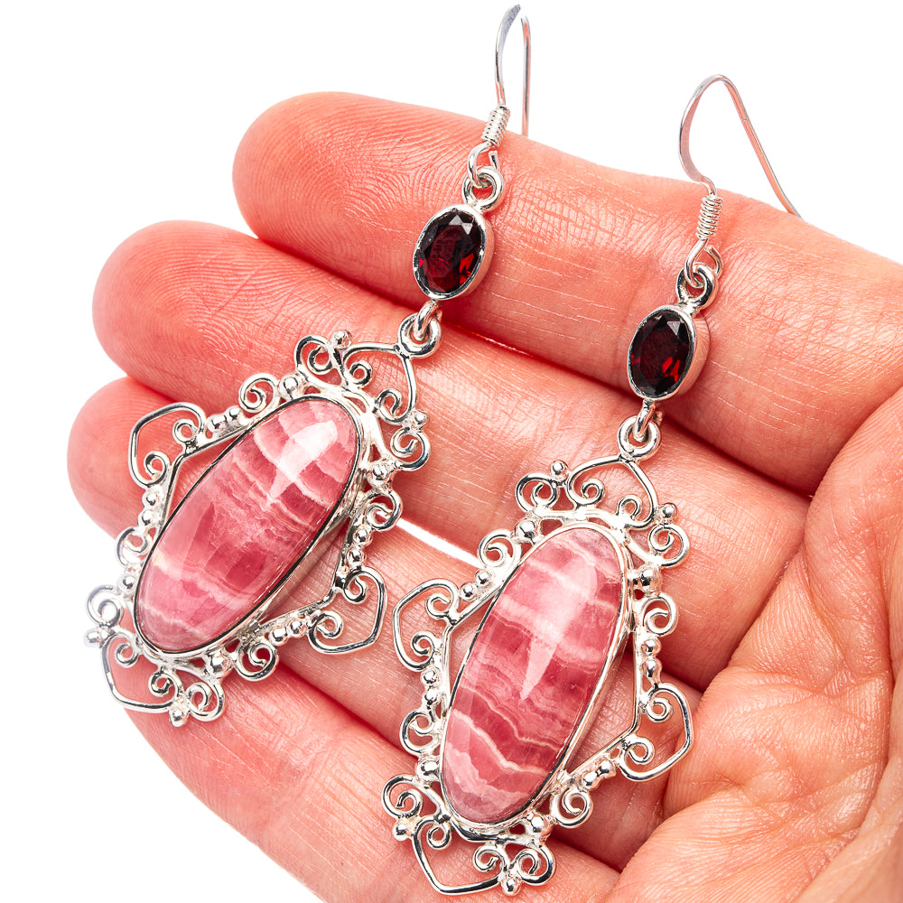 Signature Rhodochrosite, Garnet Earrings 2 3/4" (.925 Sterling Silver)