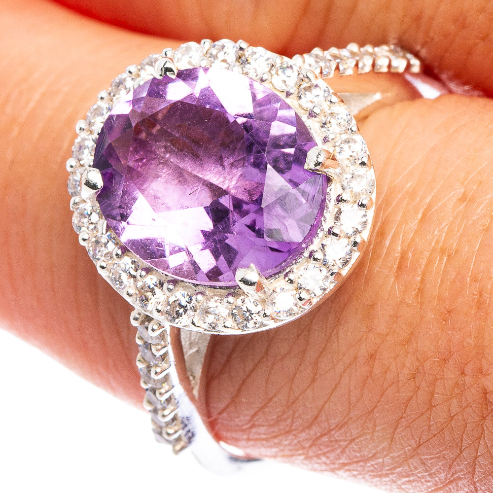 Faceted Amethyst, Cubic Zirconia Ring Size 9 (.925 Sterling Silver)