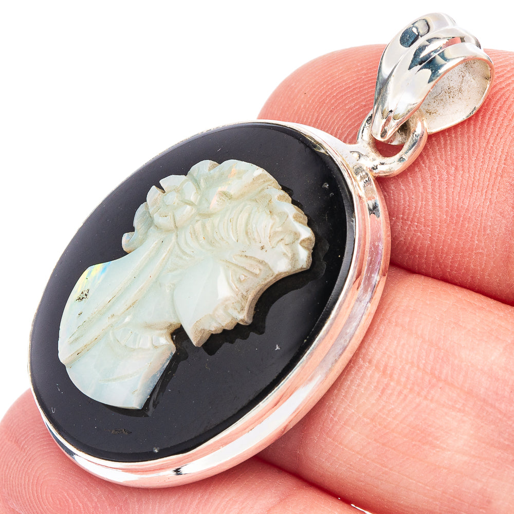 Carved Opal Lady Cameo On Black Onyx Pendant 1 1/2" (925 Sterling Silver) P44623