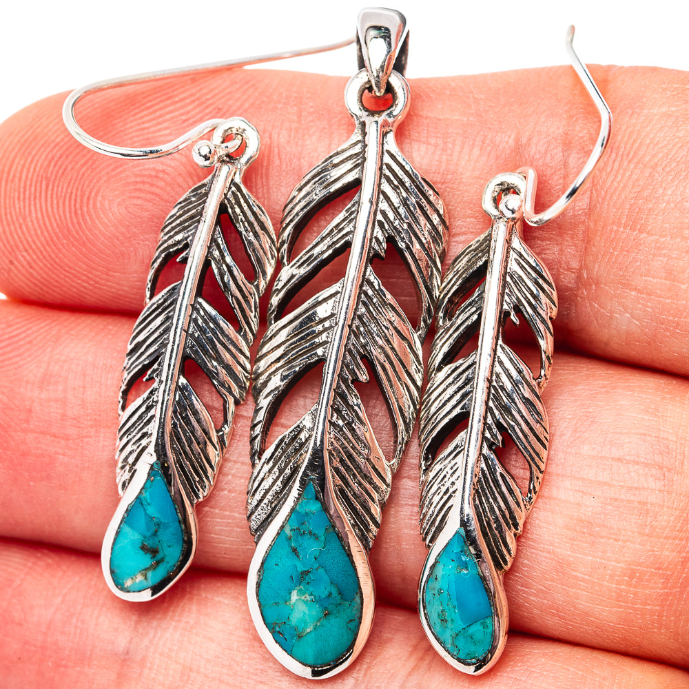 Native Style Mohave Turquoise Feather Pendant & Earrings Set 1 3/4" (.925 Sterling Silver)