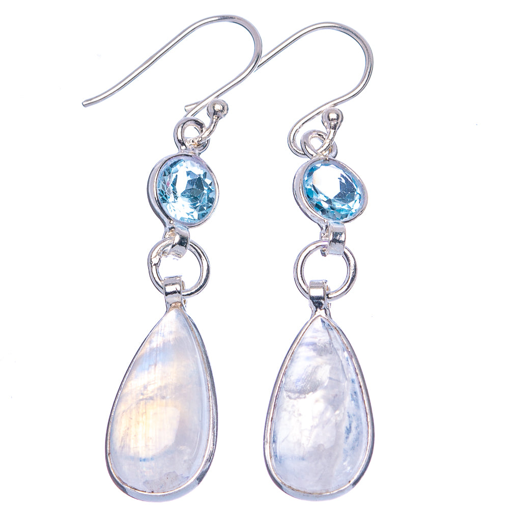 Rainbow Moonstone, Blue Topaz Earrings 1 7/8" (.925 Sterling Silver)
