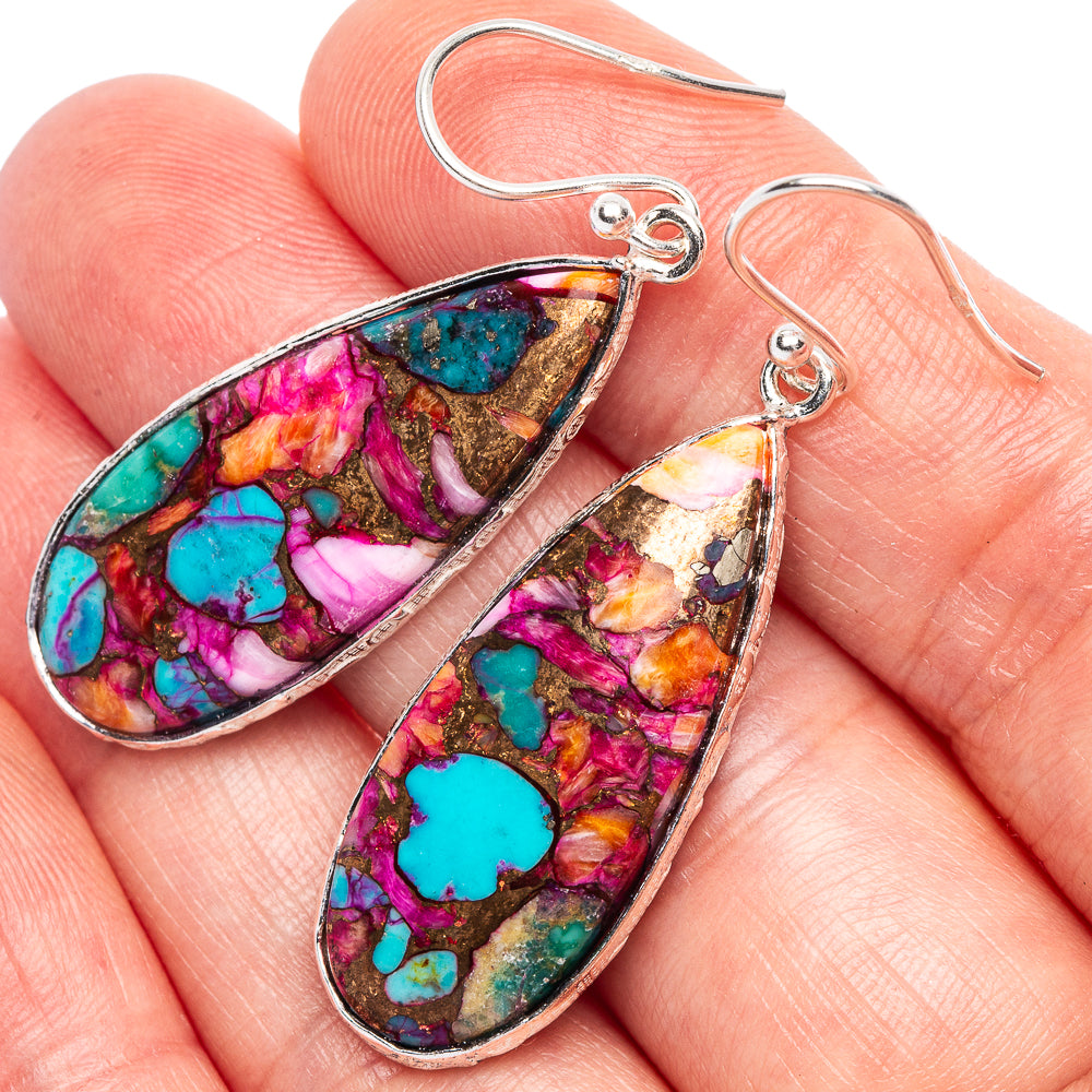Kingman Pink Dahlia Turquoise Earrings 1 7/8" (925 Sterling Silver) E1904