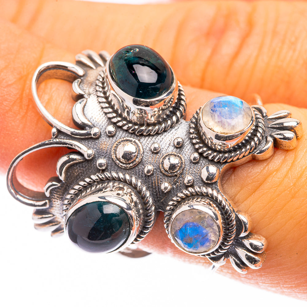 Large Green Onyx, Rainbow Moonstone Ring Size 6.5 (925 Sterling Silver) R141421