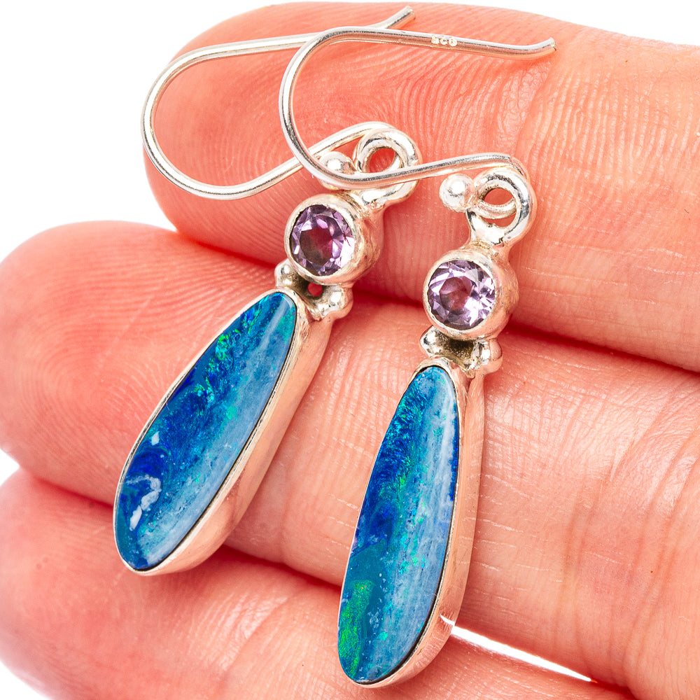 Rare Doublet Opal, Amethyst Earrings 1 5/8" (925 Sterling Silver) E2612