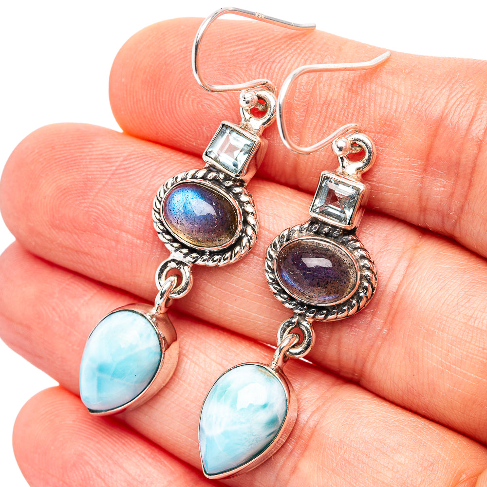 Premium Larimar, Labradorite, Blue Topaz Earrings 2" (.925 Sterling Silver)