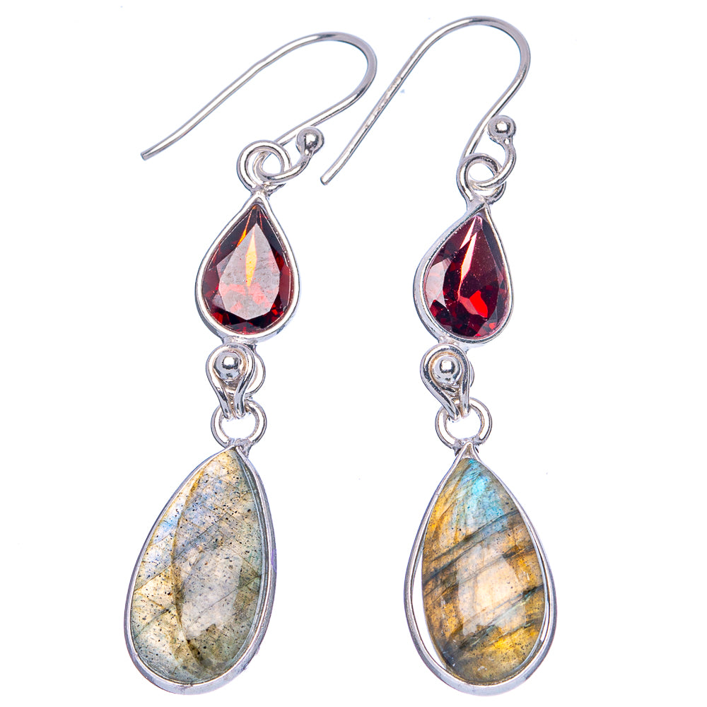 Labradorite, Garnet Earrings 2" (.925 Sterling Silver)