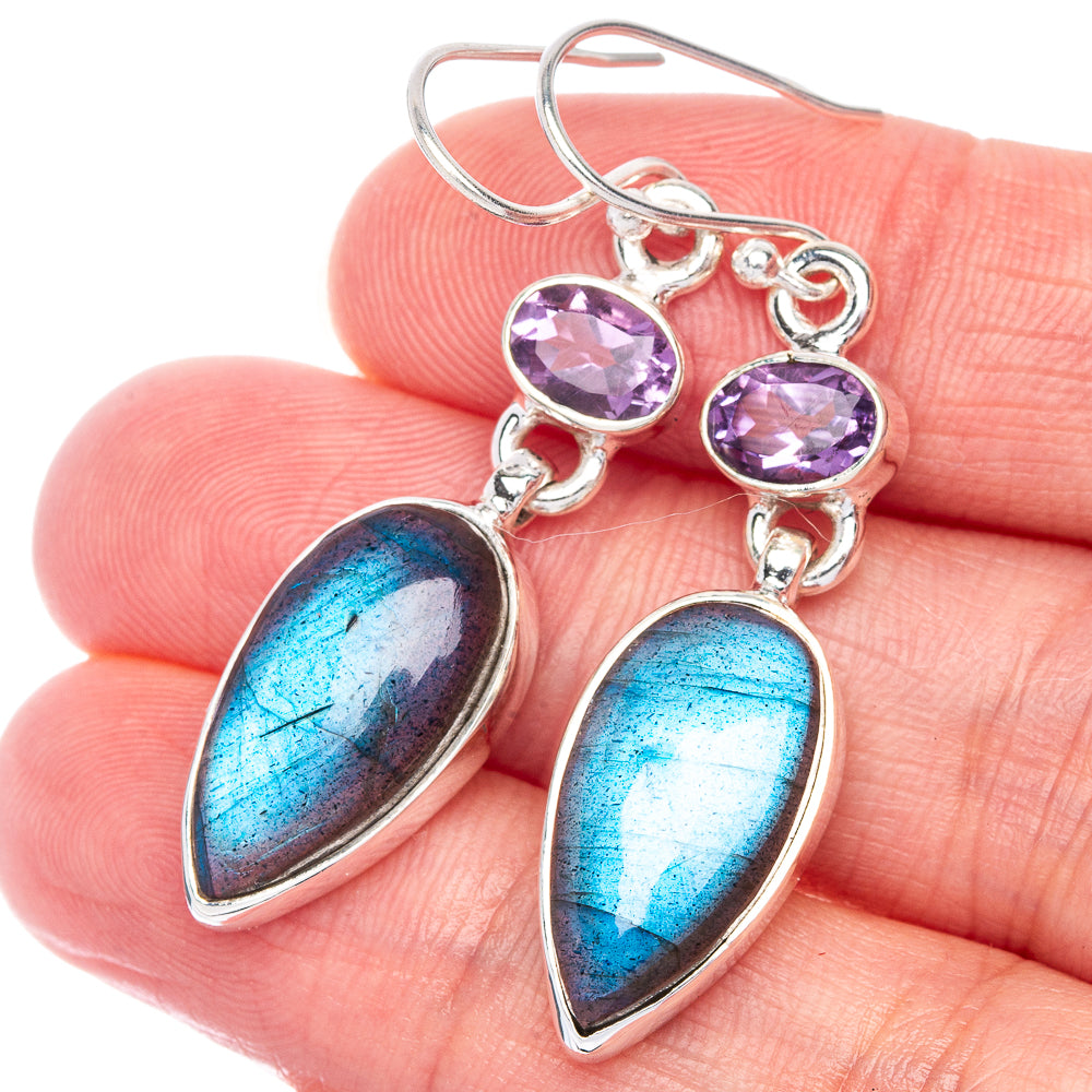 Labradorite, Amethyst Earrings 1 7/8" (925 Sterling Silver) E433071