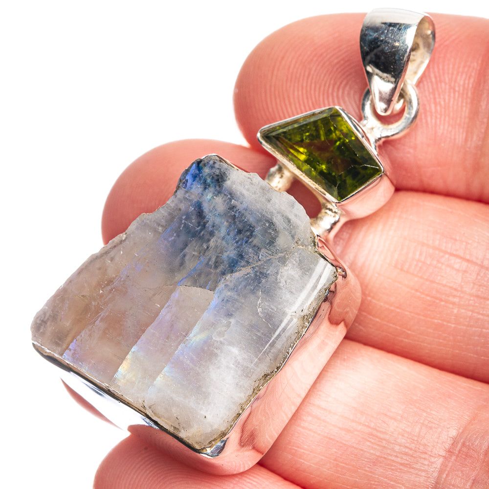Raw Rainbow Moonstone, Peridot Pendant 1 3/4" (925 Sterling Silver) P39124