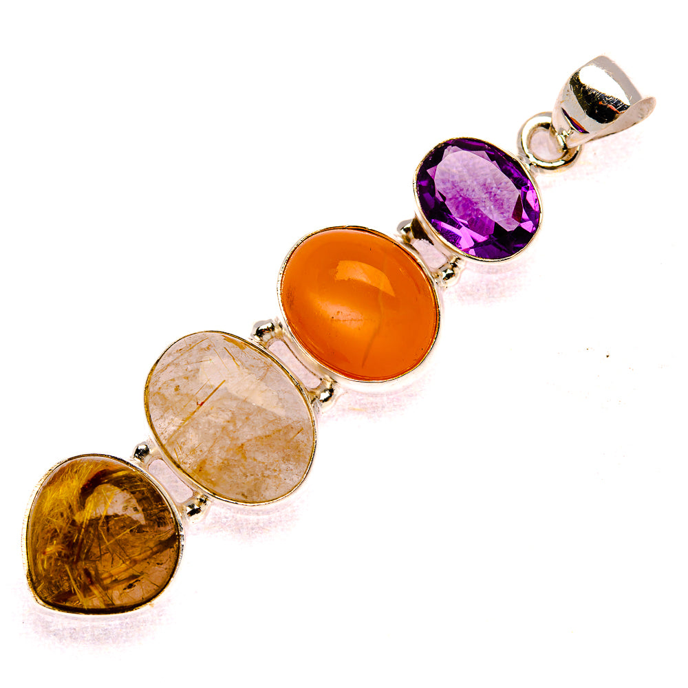Rutilated Quartz, Carnelian, Amethyst Pendant 2 1/4" (925 Sterling Silver) PD37935