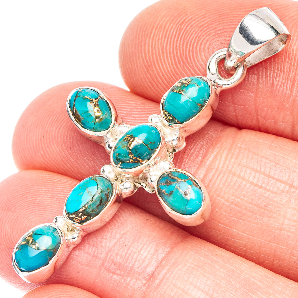 Blue Copper Composite Turquoise Cross Pendant 1 5/8" (925 Sterling Silver) P43967