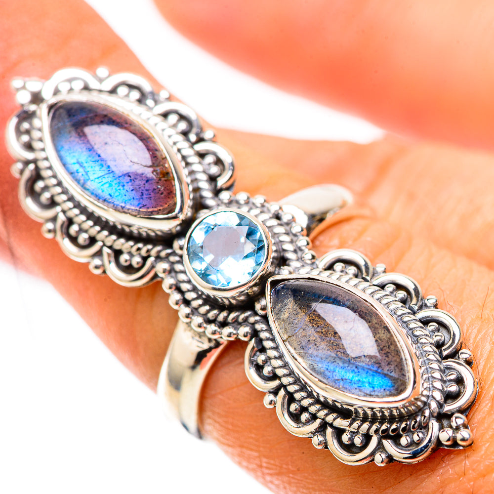 Large Labradorite, Blue Topaz Ring Size 7.25 (925 Sterling Silver) RING137937