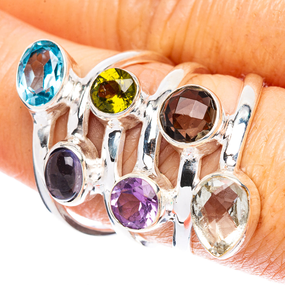 Blue Topaz, Tanzanite, Peridot, Amethyst, Smoky Quartz Silver Ring Size 8 R2489