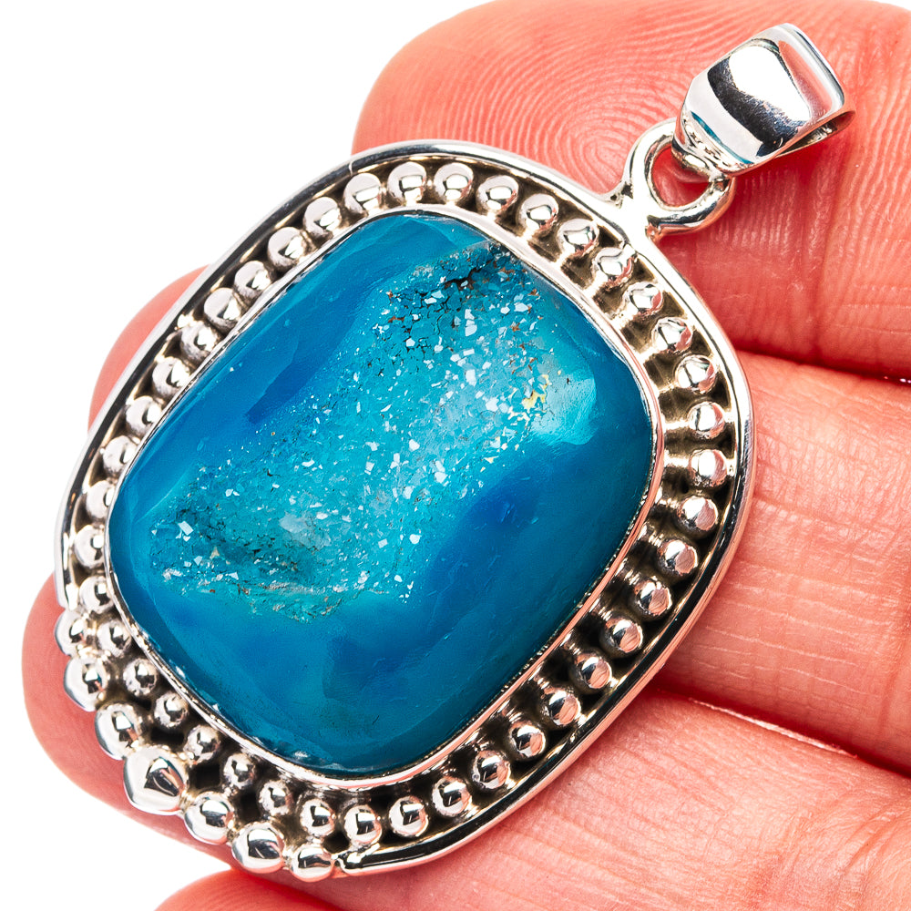 Premium Blue Agate Druzy Pendant 1 5/8" (.925 Sterling Silver)