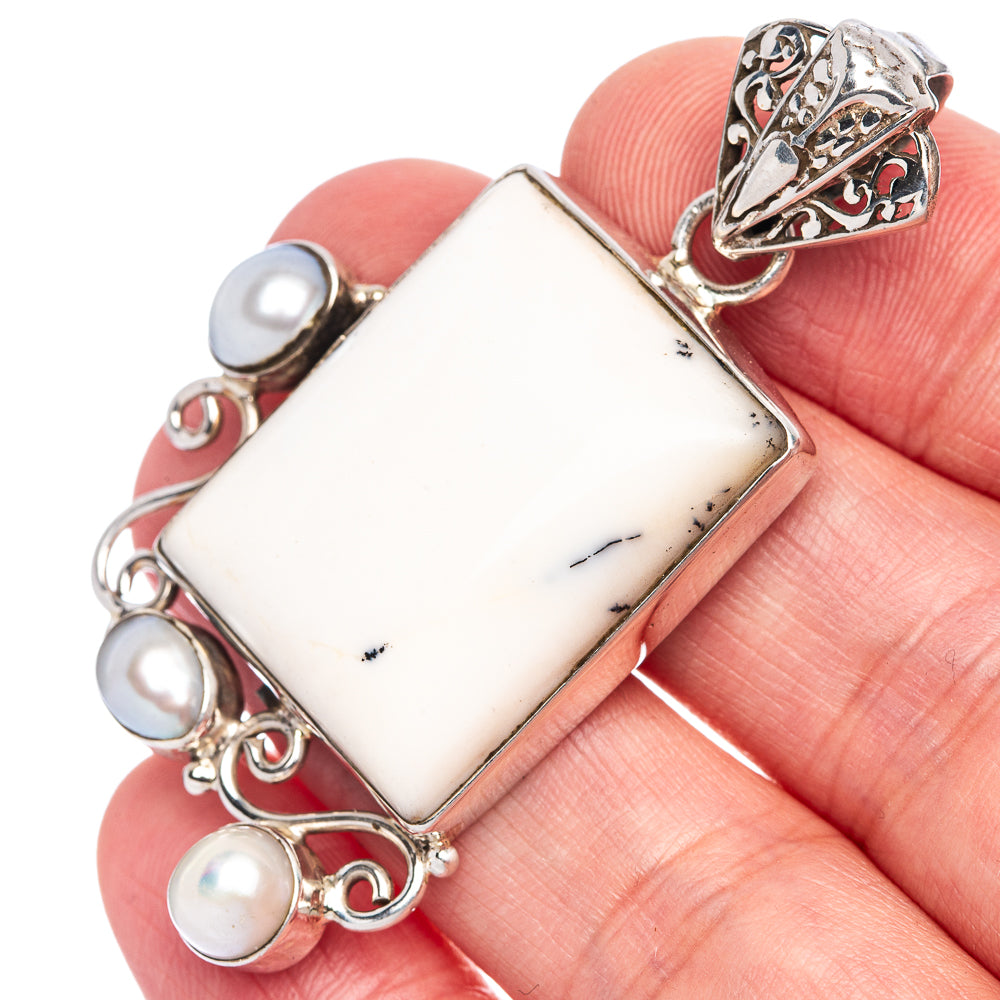 Dendritic Opal, Cultured Pearl Pendant 2 1/8" (925 Sterling Silver) P40045