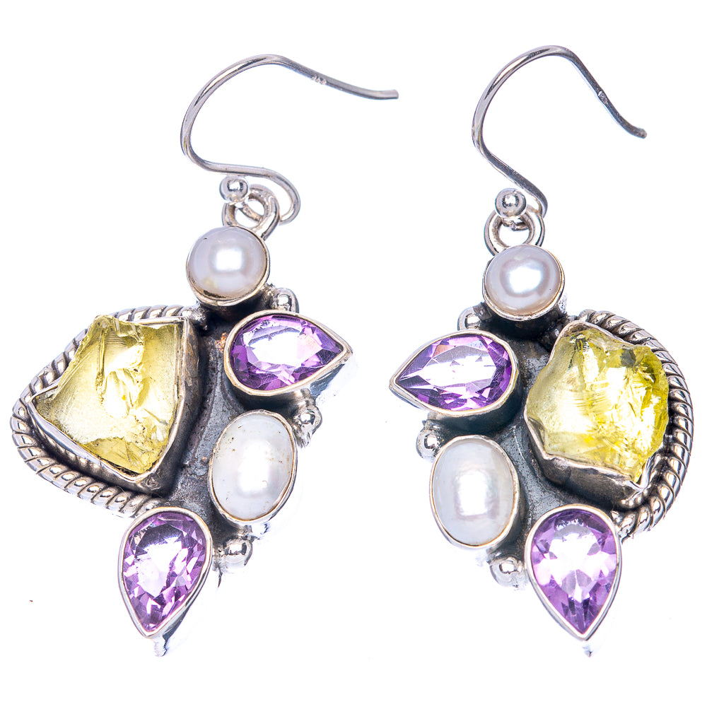 Premium Rough Citrine, Amethyst, Cultured Pearl Earrings 1 5/8" (925 Sterling Silver) E1285