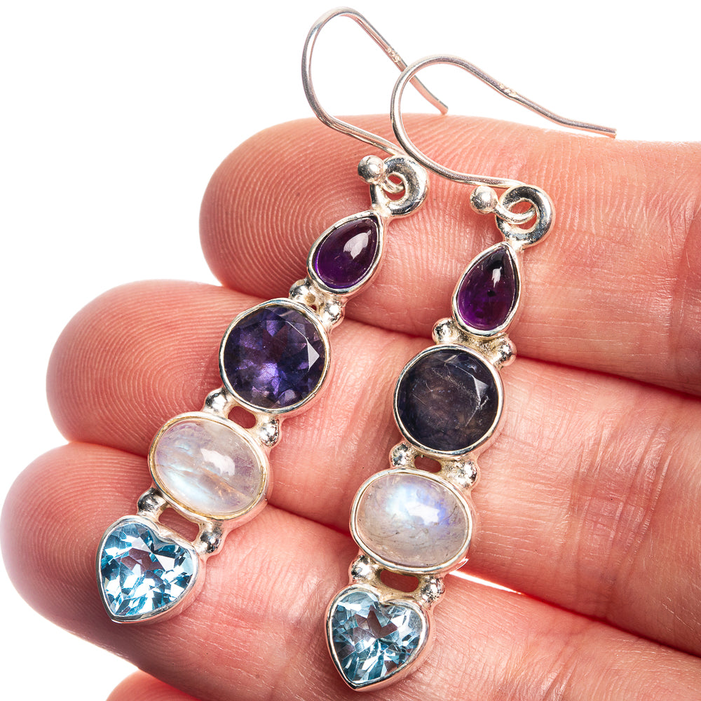 Rainbow Moonstone, Tanzanite, Blue Topaz, Amethyst 925 Sterling Silver Earrings 1 7/8"