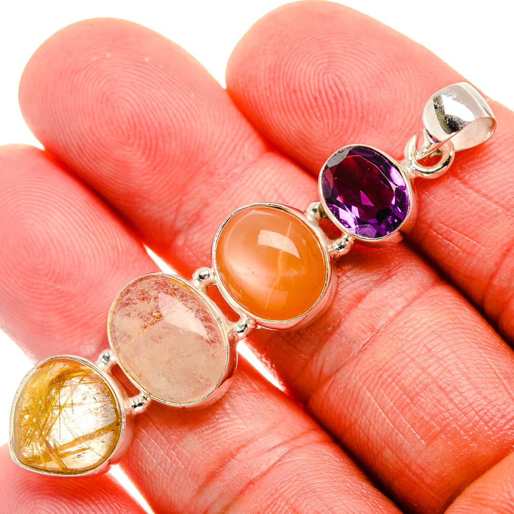 Rutilated Quartz, Carnelian, Amethyst Pendant 2 1/4" (925 Sterling Silver) PD37935