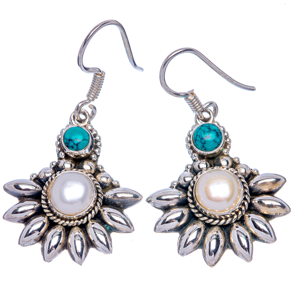 Cultured Pearl, Tibetan Turquoise Earrings 1 3/8" (925 Sterling Silver) E433362