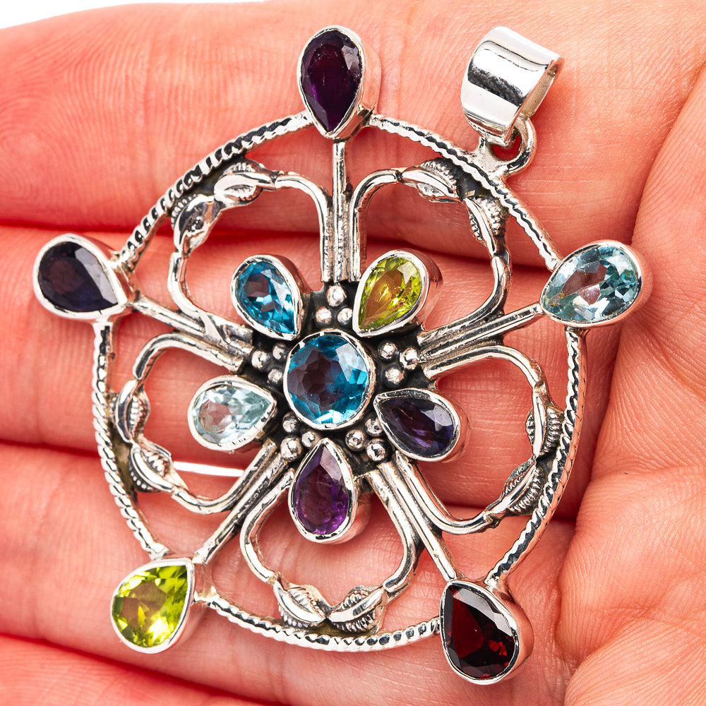 Signature Blue Topaz, Aqaumarine, Amethyst, Garnet, Iolite, Perdiot Pendant 2 1/8" (.925 Sterling Silver)