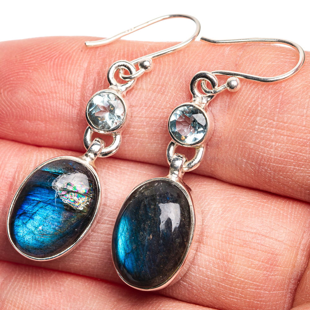 Labradorite, Blue Topaz Earrings 1 5/8" (925 Sterling Silver) E432681