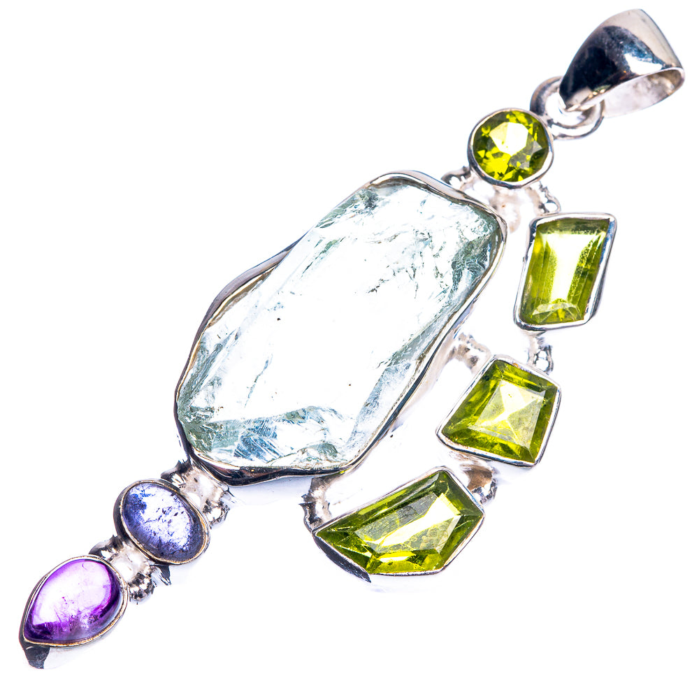 Rough Aquamarine, Peridot, Tanzanite, Amethyst 925 Sterling Silver Pendant 2 3/8"