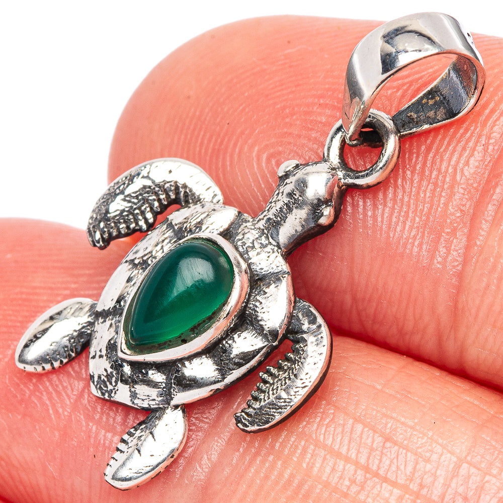 Green Onyx Seaturtle Dainty Pendant 1 1/8" (925 Sterling Silver) P43551