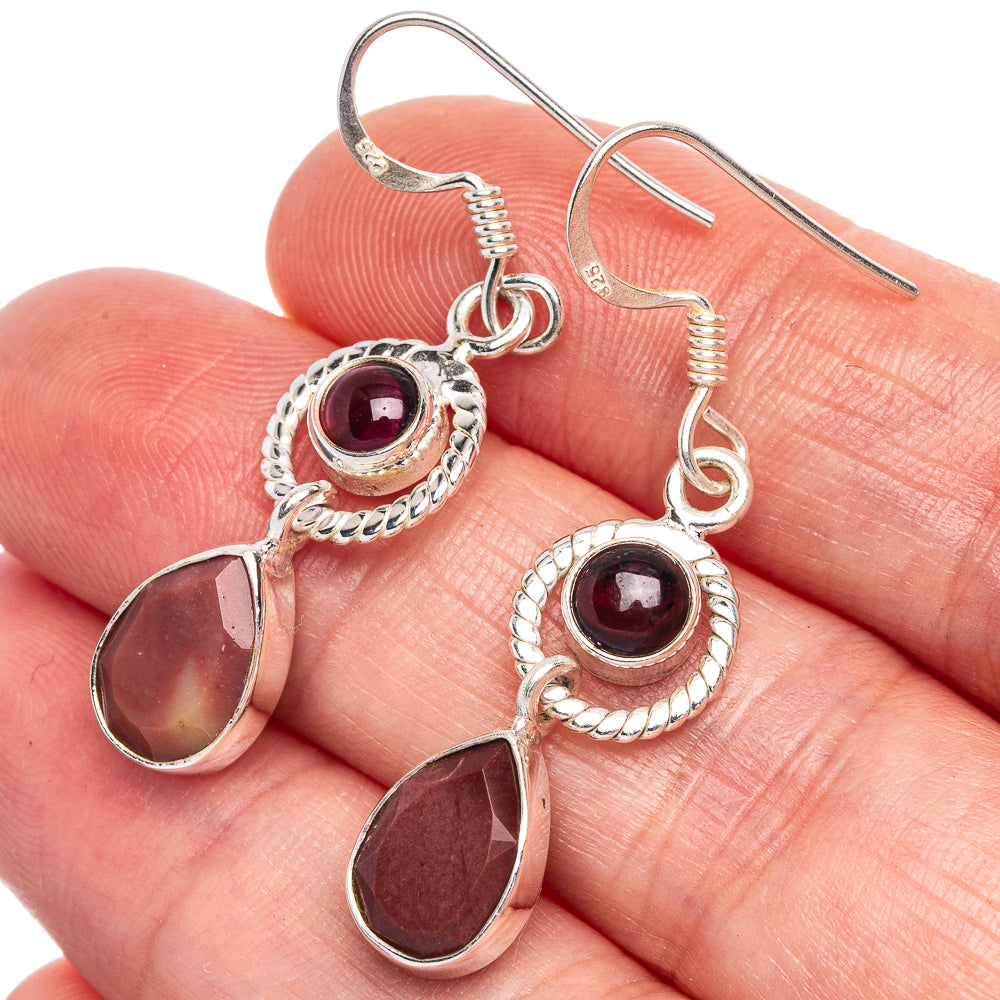 Rare Mookaite, Garnet Earrings 1 5/8" (925 Sterling Silver) E433383