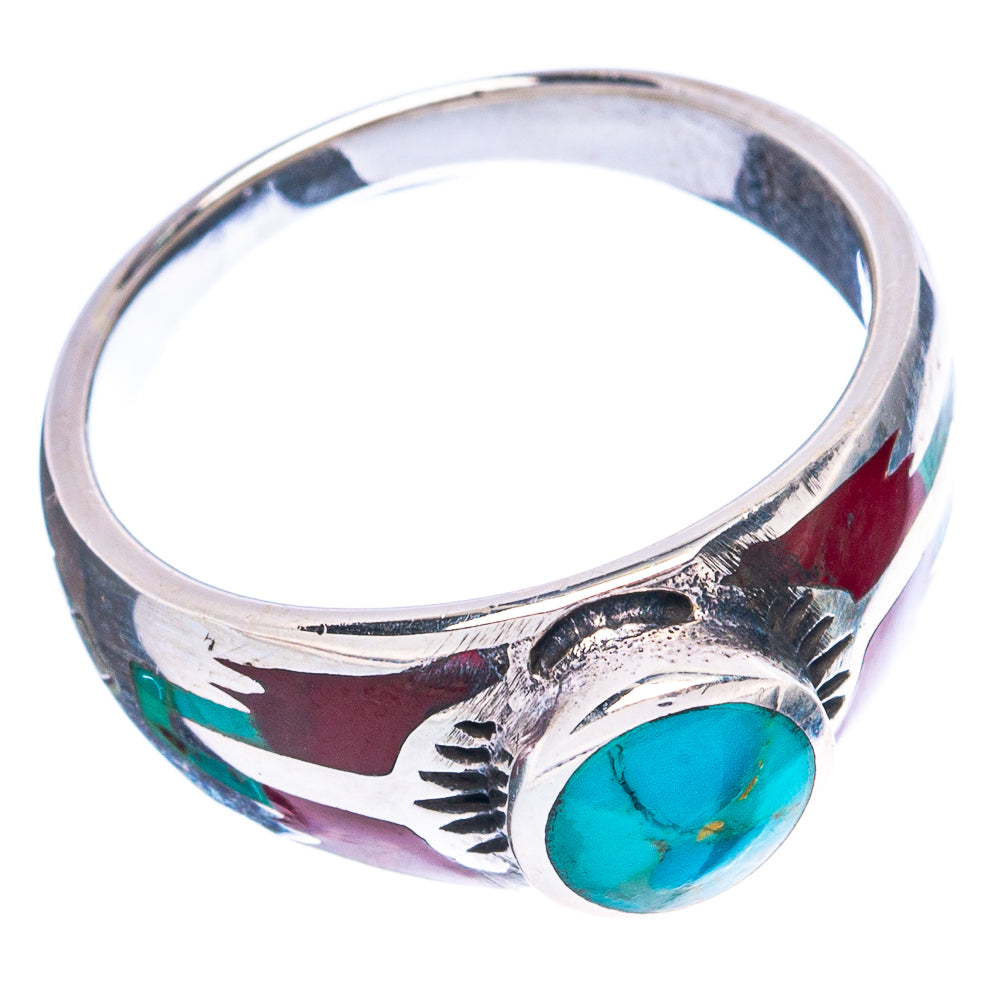 Rare Arizona Turquoise Coral Inlay Ring Size 7.75 (925 Sterling Silver) R4942