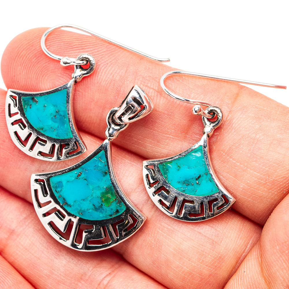 Native Style Mohave Turquoise Fan Pendant & Earrings Set 1 1/4" (.925 Sterling Silver)