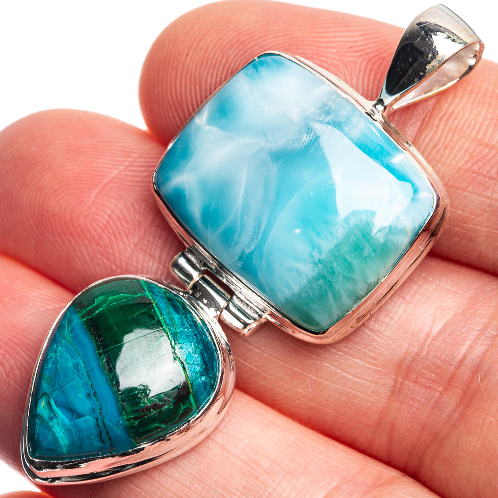 Larimar, Malachite in Chrysocolla Pendant 1 7/8" (925 Sterling Silver) P39051