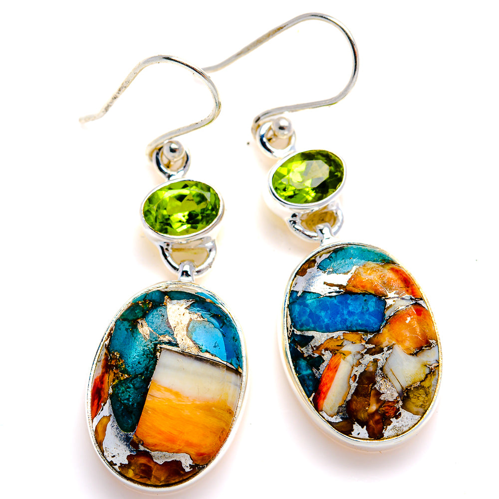 Spiny Oyster Turquoise, Peridot Earrings 1 3/4" (925 Sterling Silver) EARR432100