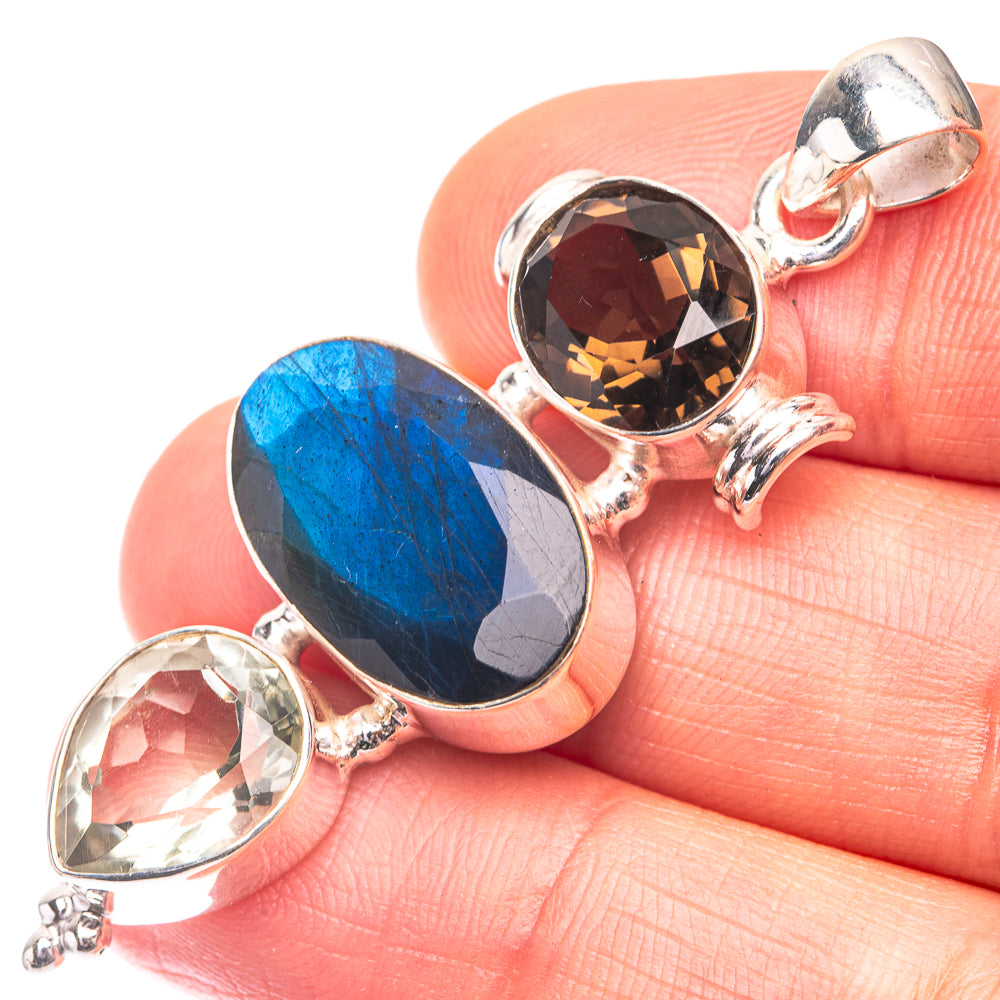 Labradorite, White Quartz, Smoky Quartz Pendant 2" (925 Sterling Silver) P38685
