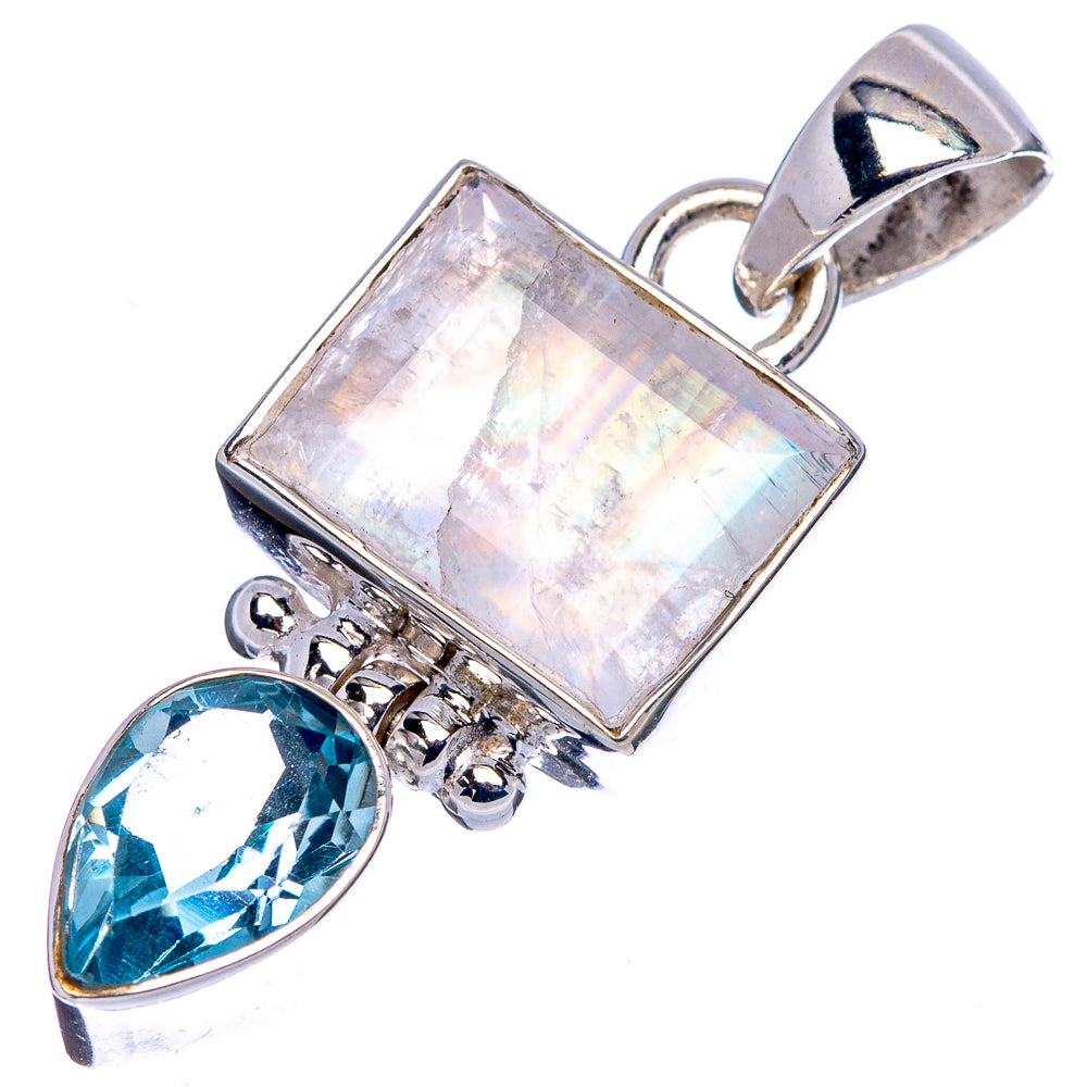 Faceted Rainbow Moonstone , Blue Topaz Pendant 1 3/8" (.925 Sterling Silver)