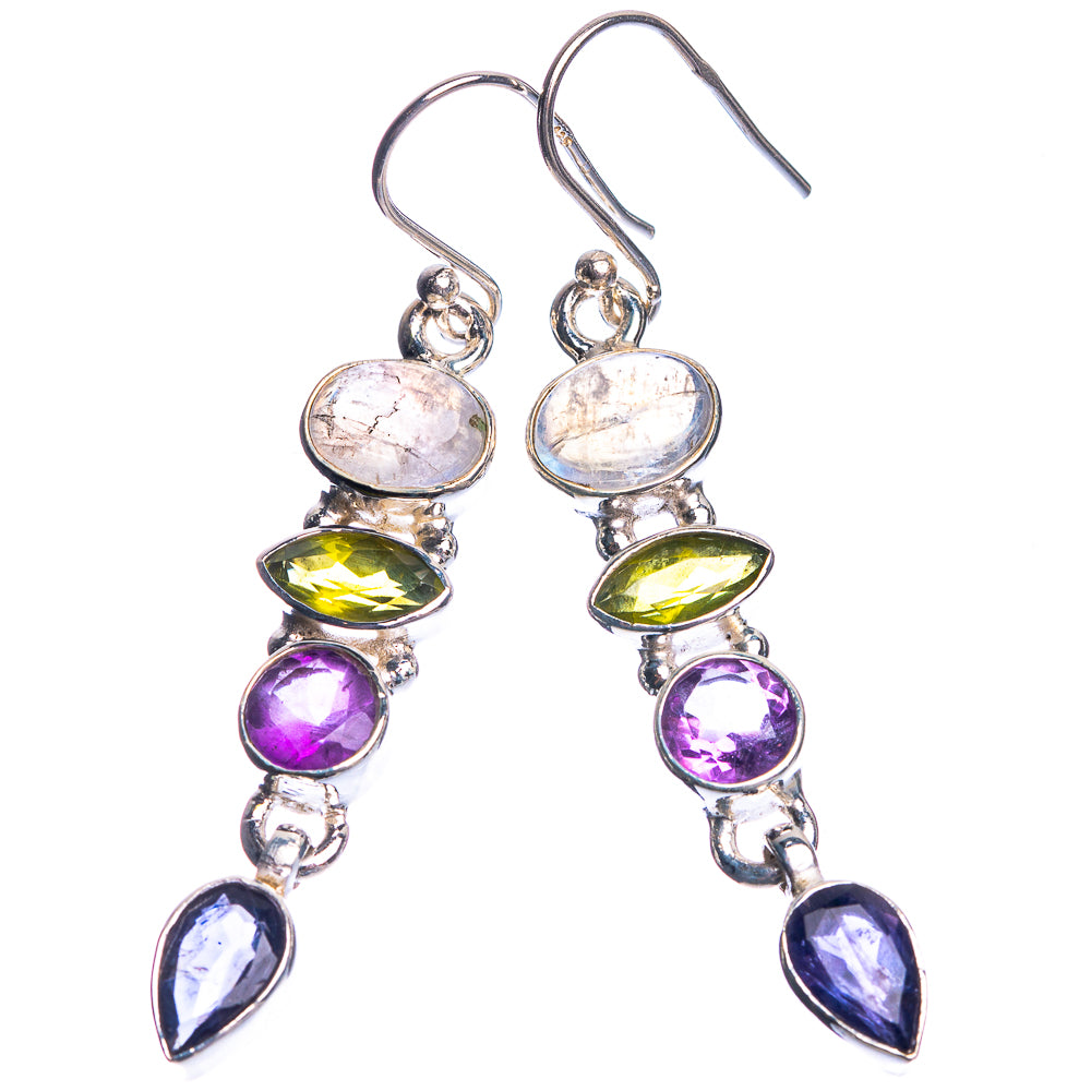 Rainbow Moonstone, Peridot, Amethyst, Tanzanite 925 Sterling Silver Earrings 2 1/8"