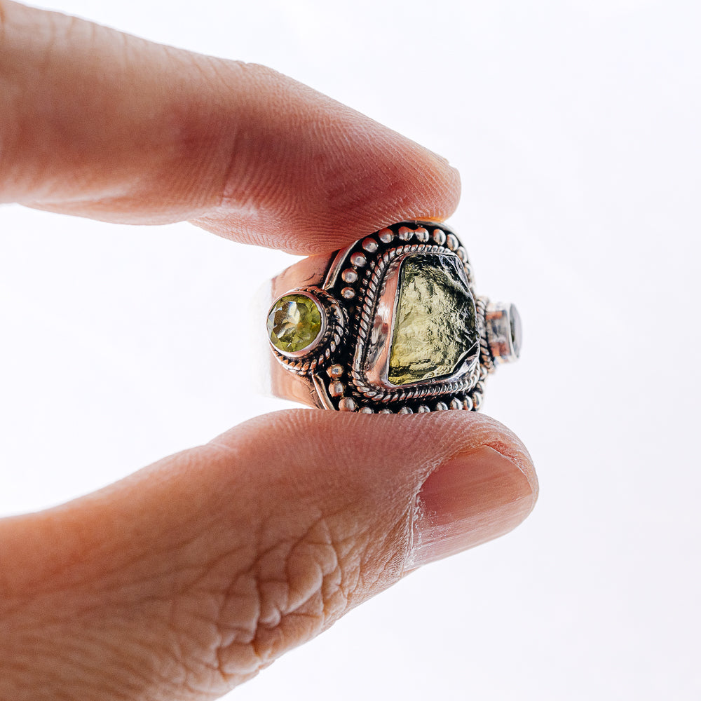 Czech Moldavite, Peridot Ring Size 9.25 (925 Sterling Silver) R6037