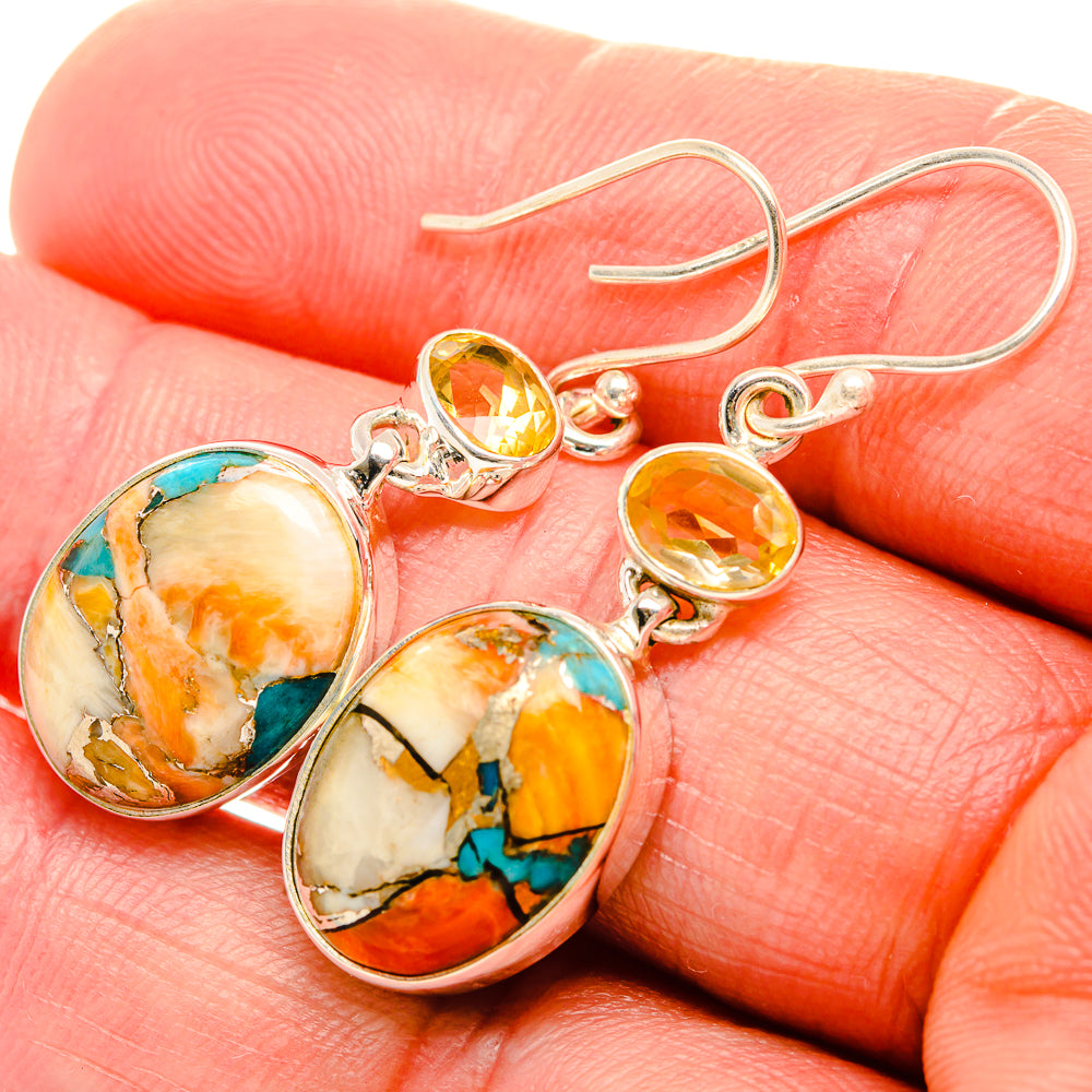 Spiny Oyster Turquoise, Citrine Earrings 1 3/4" (925 Sterling Silver) EARR432053