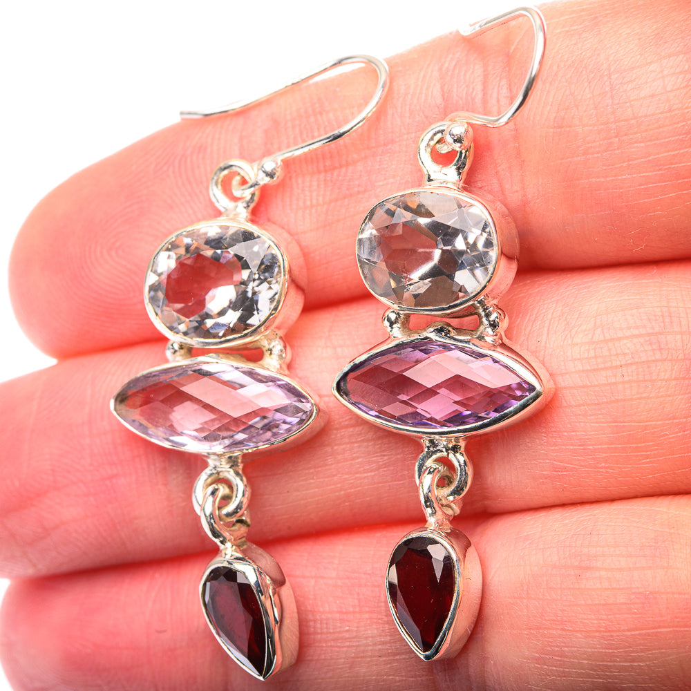 White Quartz, Amethyst, Garnet Earrings 1 7/8" (925 Sterling Silver) EARR432147