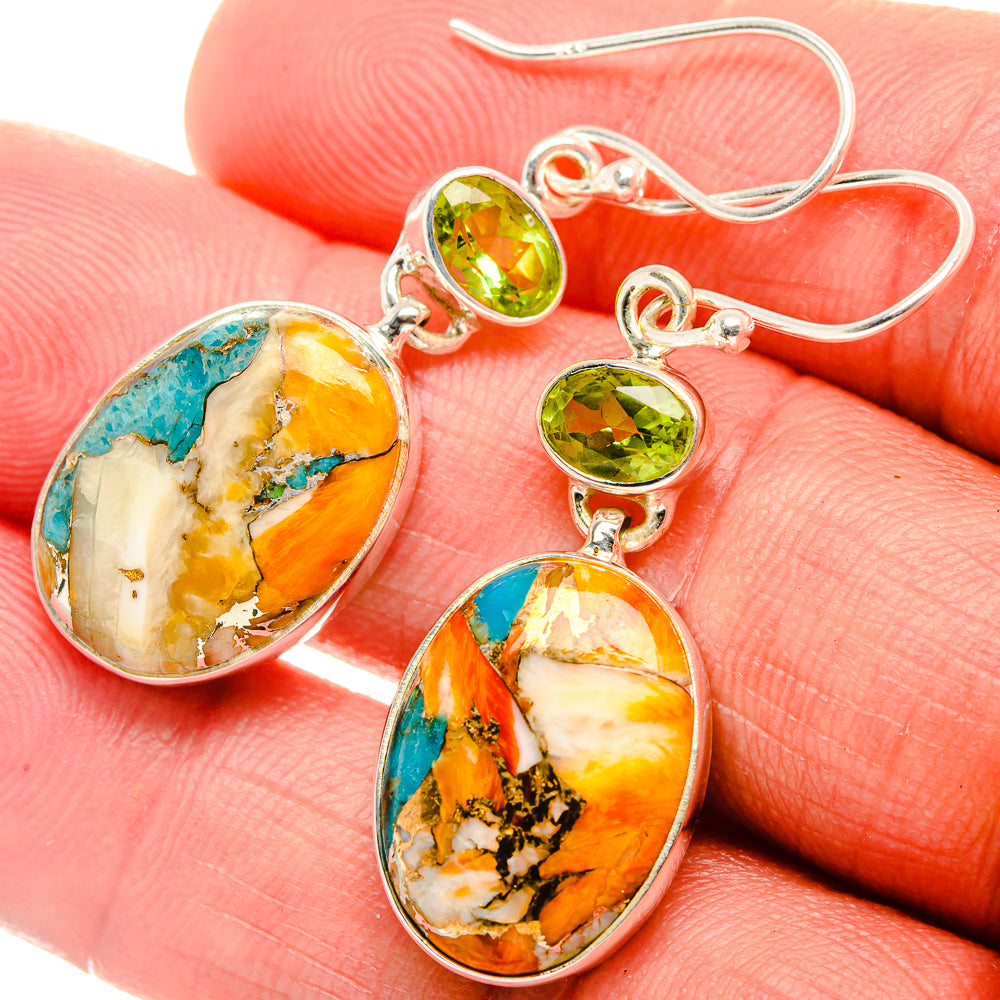 Spiny Oyster Turquoise, Peridot Earrings 1 3/4" (925 Sterling Silver) EARR432036